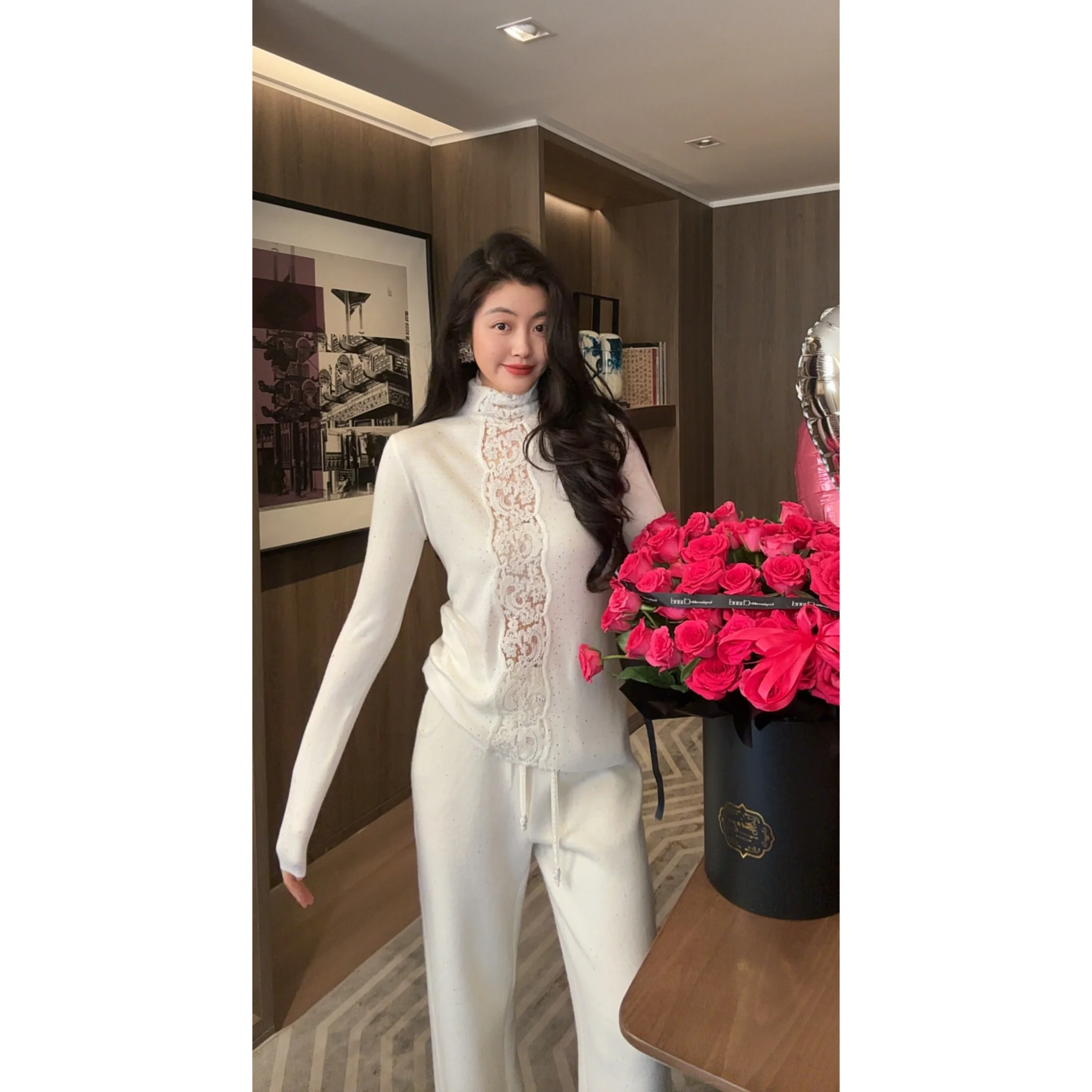 

NCOU Зимний свитер с высоким воротником, новым дизайном, кружевными вставками и стразами, вязаный из шерсти, женский модный топ