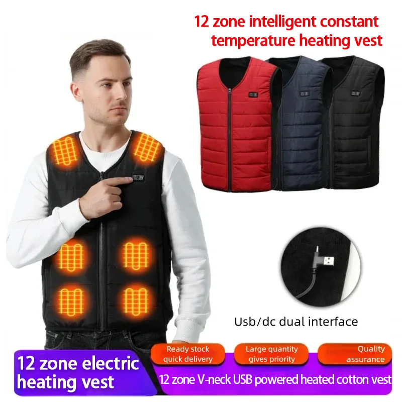 

Men's Winter 12 Areas Heated Vest V Neck Smart Control Temperature Heating Cotton Clothes Washable Thermal Vest Body Warmer Coat