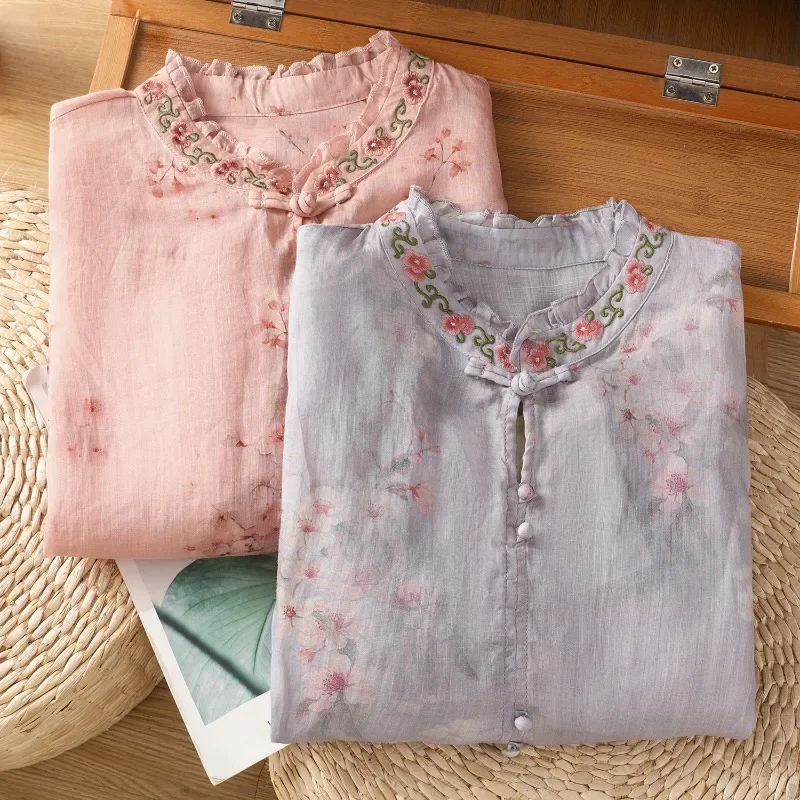 

Женская блузка в китайском стиле с вышивкой, винтажные рубашки, модная свободная летняя одежда, хлопковые льняные женские топы с короткими рукавами