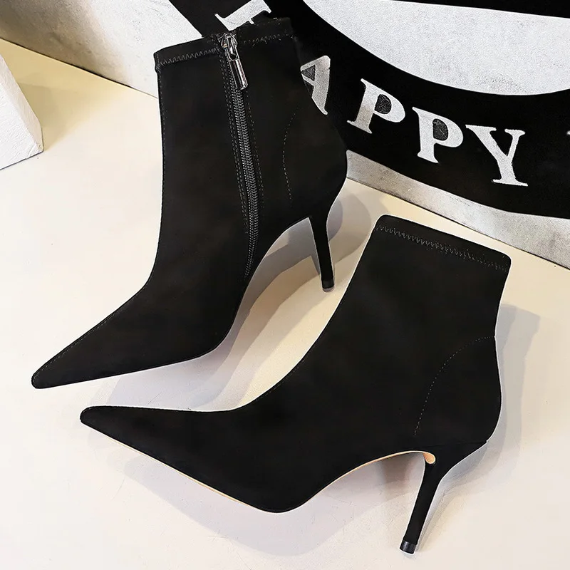 BIGTREE buty zamszowe buty damskie moda kobiety botki Pointed Toe szpilki buty Sexy czarne krótkie buty zimowe buty ciepłe