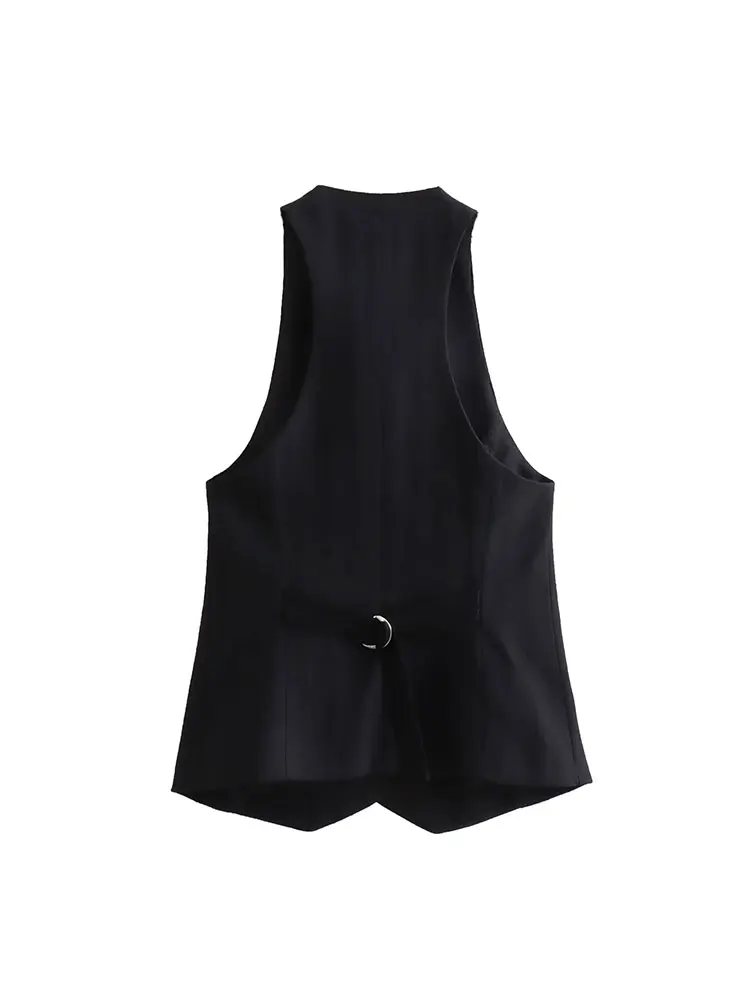 TRAF Women Vintage V Neck Sleeveless Black Outerwear Official Front Single Breasted Vest Waistcoat Women ﻿