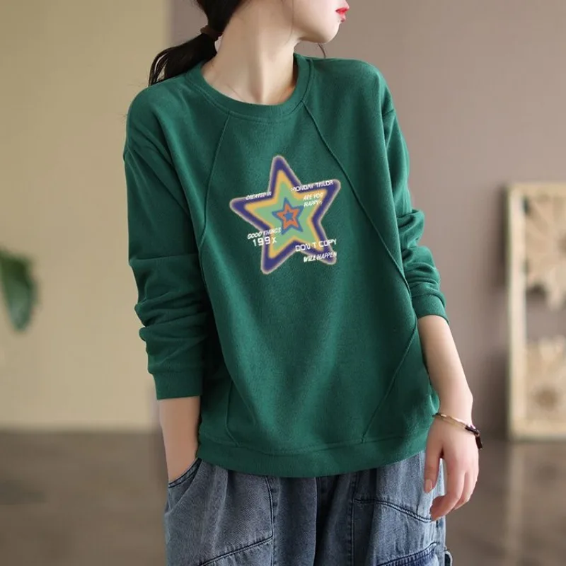 

All-match Lantern Long Sleeve Spring Autumn Round Neck Printing Hoodies Geometric Pullover Women's Clothing Aesthetic Tops