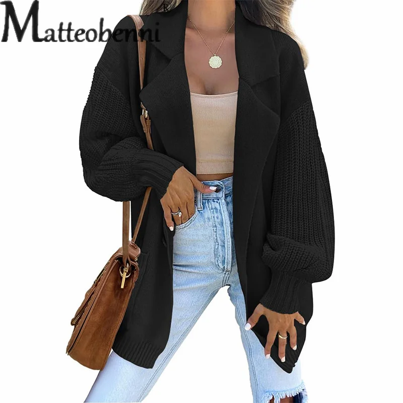 Fashion Blazer Neck One Button Splice Solid Color Sweater Autumn Women Two Pocket Jumpers Long Sleeve Knitted Outerwear Knitwear