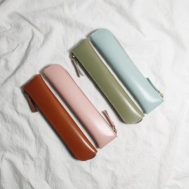 Vintage PU Thin Pencil Case Zipper Practical Pencil Bags Soft Student Stationery Pen Storage Bag For Kids School Supplies