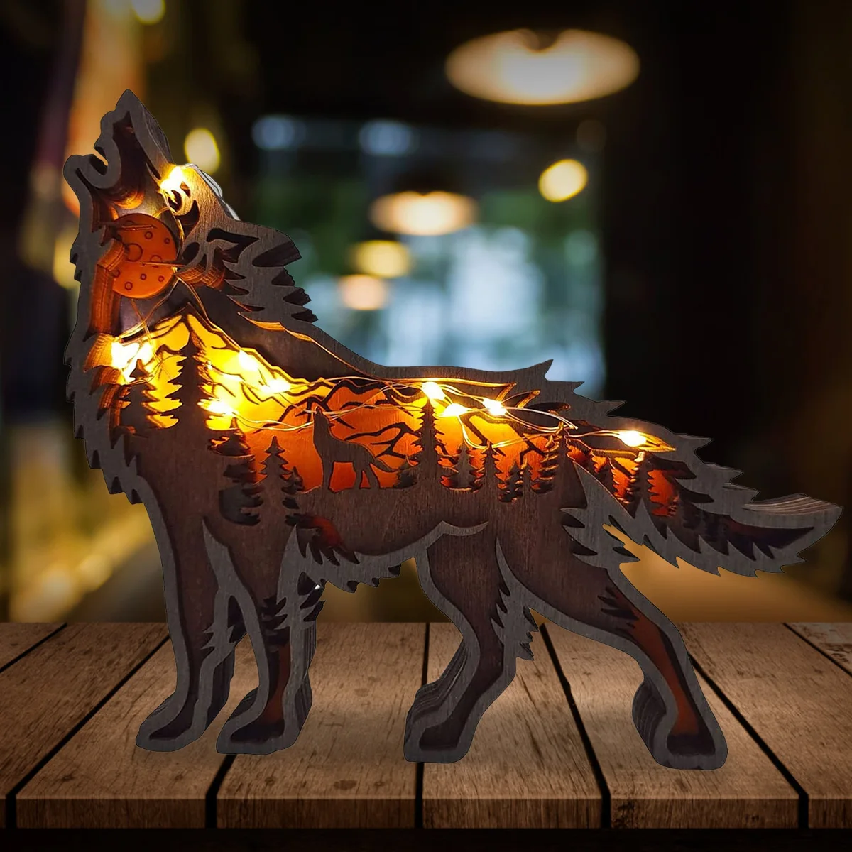 Wooden Ornaments Carved Wooden Wolf Decorations with LED Light Hollow Multi-Layer Forest Animals Scene Display Carving Figurines