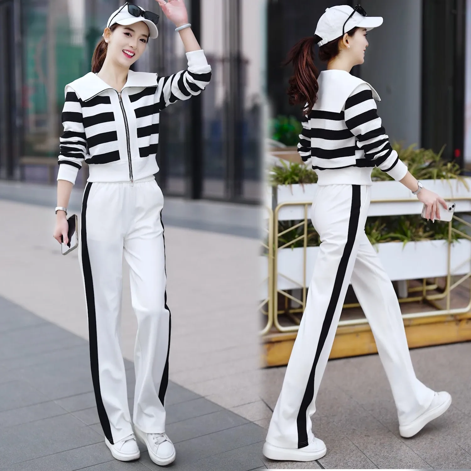 

Autumn Women Tracksuit Outfit Stripe Print Korean Style Jacket Sweatshirt Loose Wide Leg Pant Workout Exercise Running suit Set