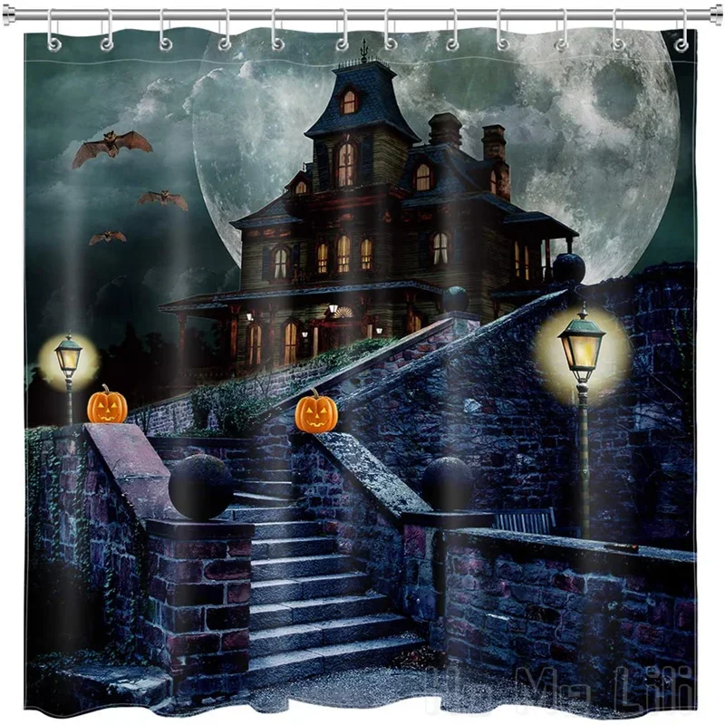 Spooky Halloween Gothic By Ho Me Lili Shower Curtain With Black Bats Pumpkin Lanterns Castle In Moon Night Horror Bathroom Decor