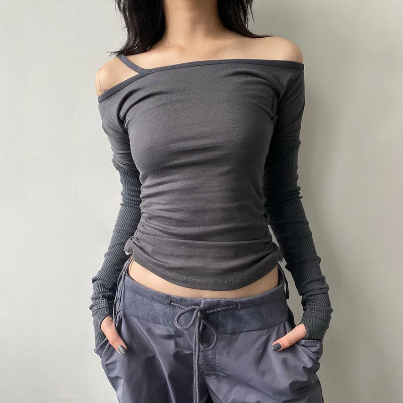 Street style drawstring solid color T-shirt sexy off-shoulder strap stitching short top for women