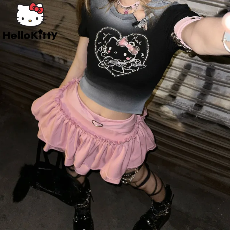 Sanrio Hello Kitty American Style Tees Women's Summer Short Top Half Skirt Two-piece Set Y2k Sweet Cool Spicy Girl Fashion Suit