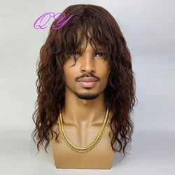 Synthetic Men's Wig Long Brown Natural Curly Rock Man Wig With Bangs Party Or Cosplay Adjustable Water Wave Male Hair Wig