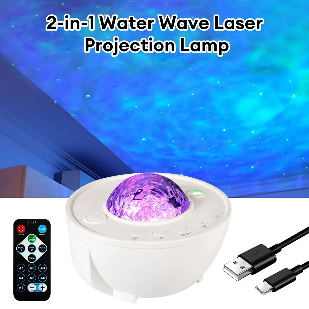 

Galaxy Starry Projector RGB Ocean Wave Projection Lamp Music Speaker USB Remote Control Atmosphere Light for Bedroom Kids Gift