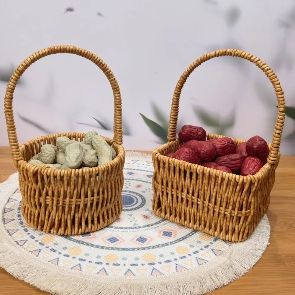Portable Rattan Woven Basket Mini Rectangular Round Shape Hand Basket Handheld Handle Farmhouse Style Shelf Basket