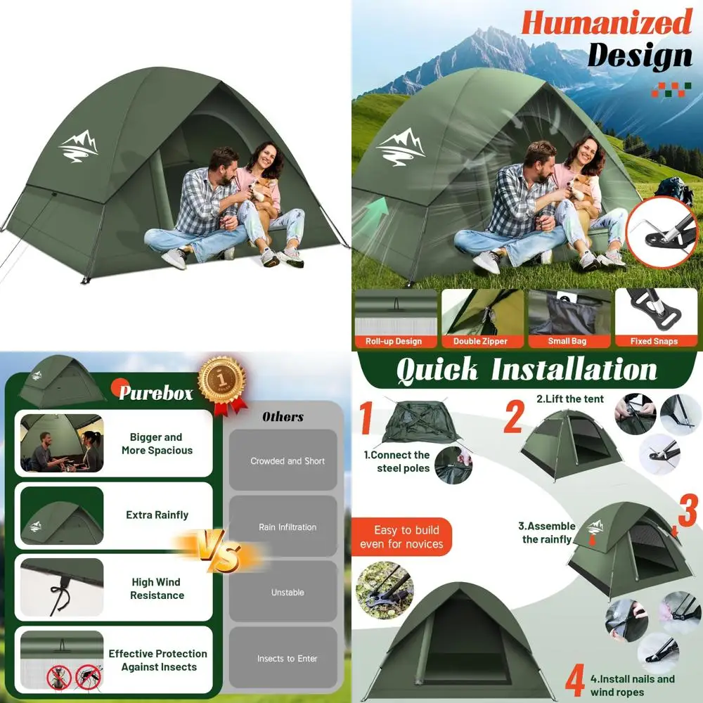 

Семейная водонепроницаемая палатка для кемпинга на 3-4 человека с дождевиком, просторная для 2, подходит для приключений на свежем воздухе