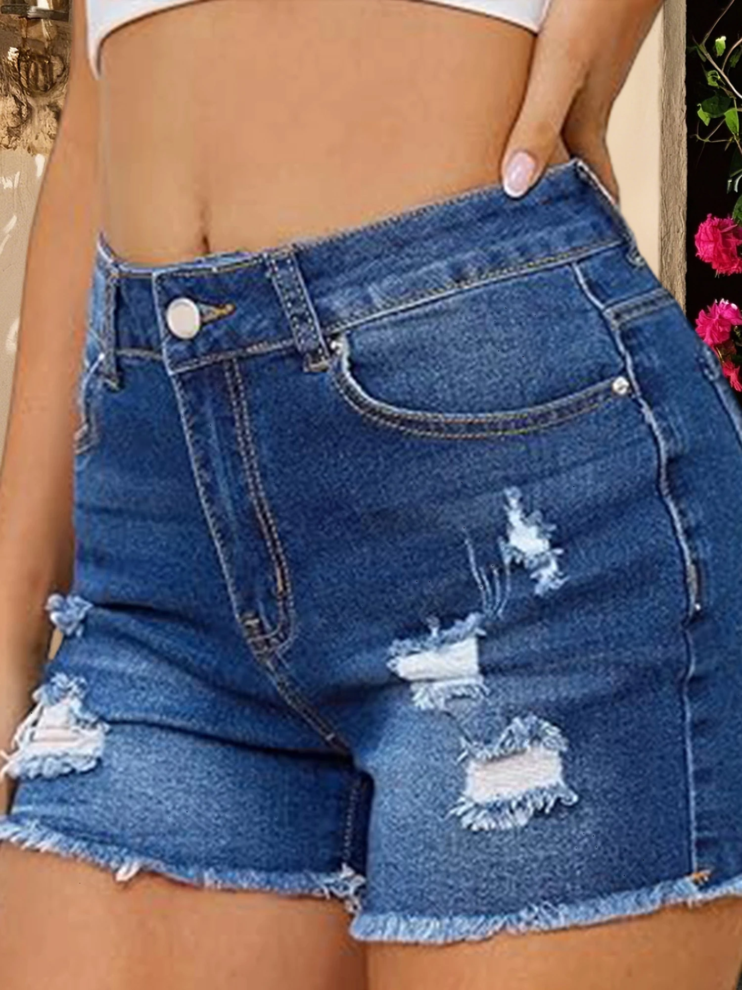 High Waisted Distressed Denim Shorts for Women Casual Summer Ripped Jean Shorts with Frayed Hem and Pockets