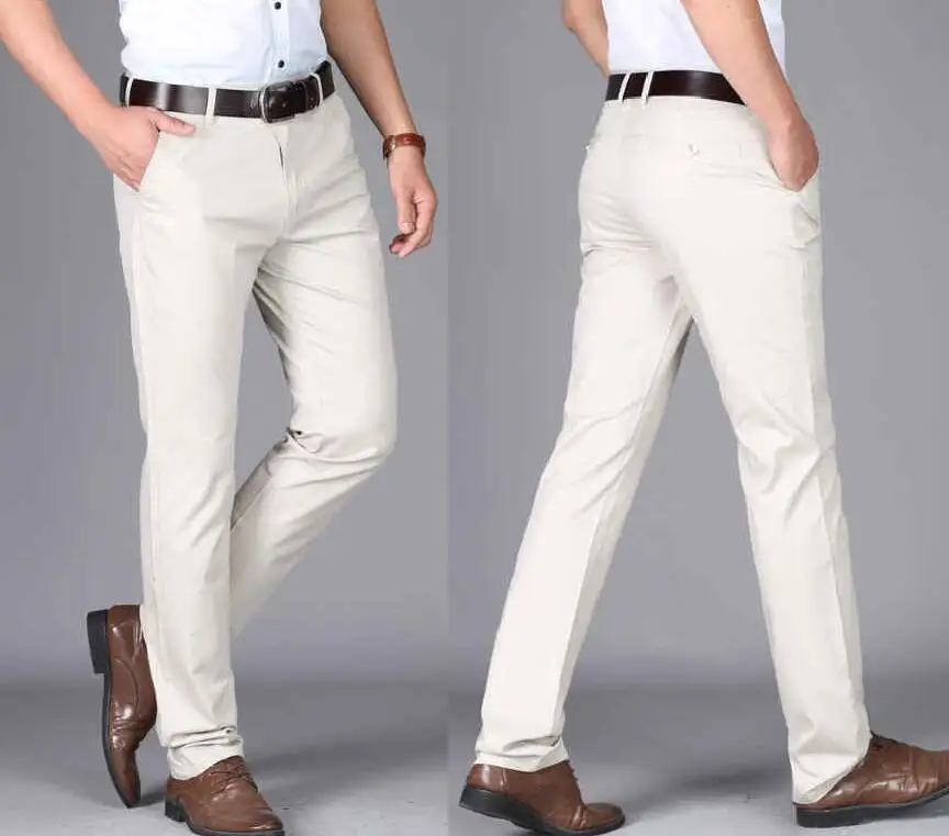 Summer Lightweight  Young Men Casual Pants Cotton Straight Leg Trousers No Ironing Business Pants