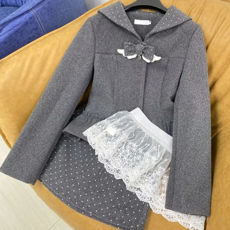Y2k Harajuku Vintage Slim Autumn Winter 3 Piece Skirt Sets 2000s Japanese Matching Sets French Elegant Dot Patchwork Lace Suits