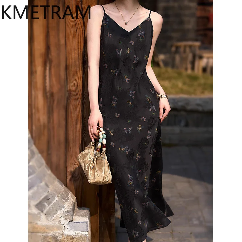

KMETRAM 100% Mulberry Silk Slip Dress Woman Print Sexy Dresses for Woman Clothes High Quality Summer New in Dresses Robe Femme