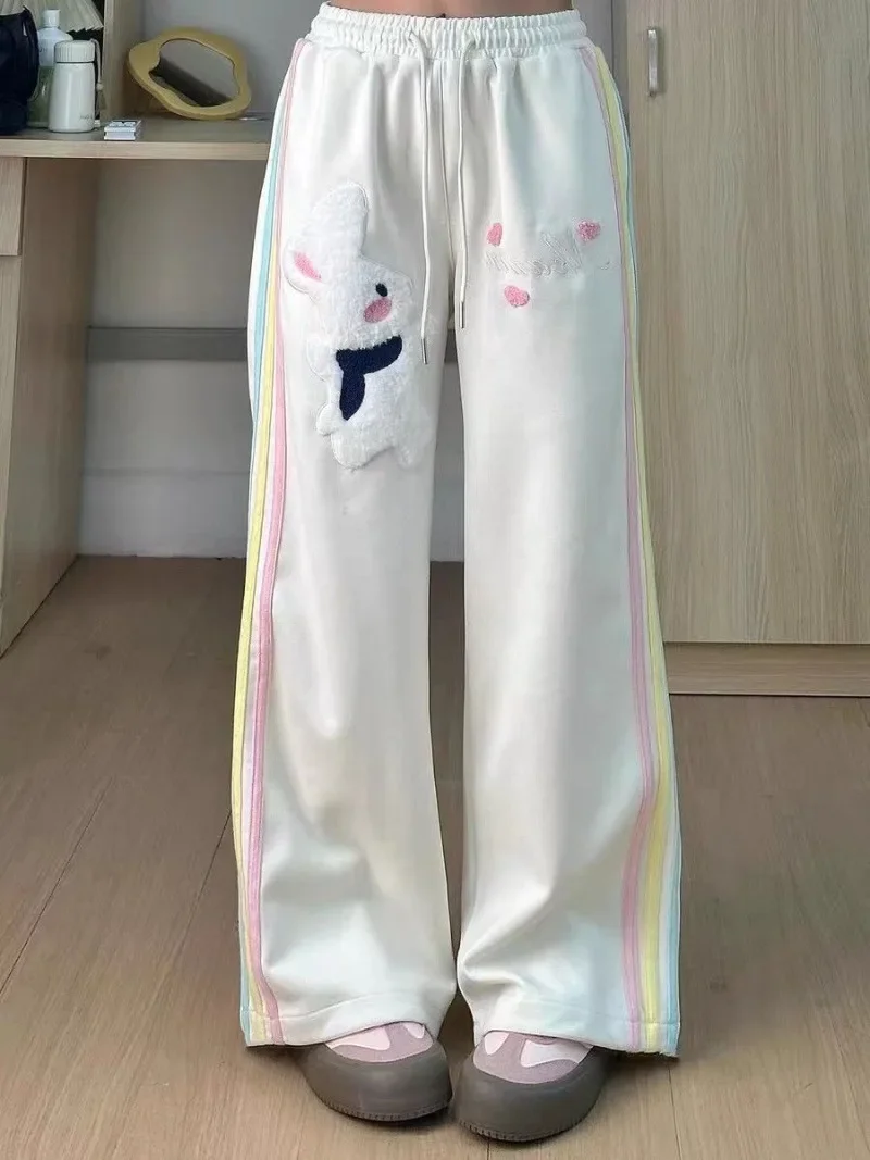 Rainbow Striped Japanese Wide Leg Trousers Straight Pants Preppy Style Kawaii Cartoon Rabbit Embroidery Women Y2k Sweet Pant