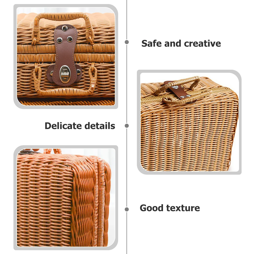 Portable Picnic Baskets Imitation Rattan Suitcase Storage Bins with Lids Simulated Handwoven Hamper Vintage Retro Basket Wicker