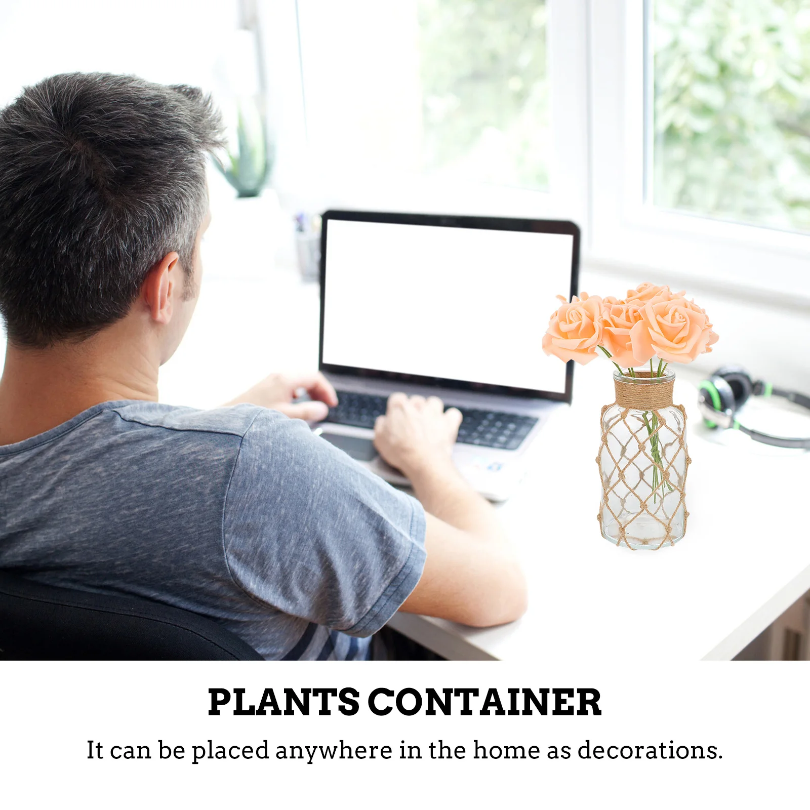 

Large Mouth Decorative Flower Vase Handmade Twine Mesh Glass Hydroponic Pot Home Office Balcony Table Ornament