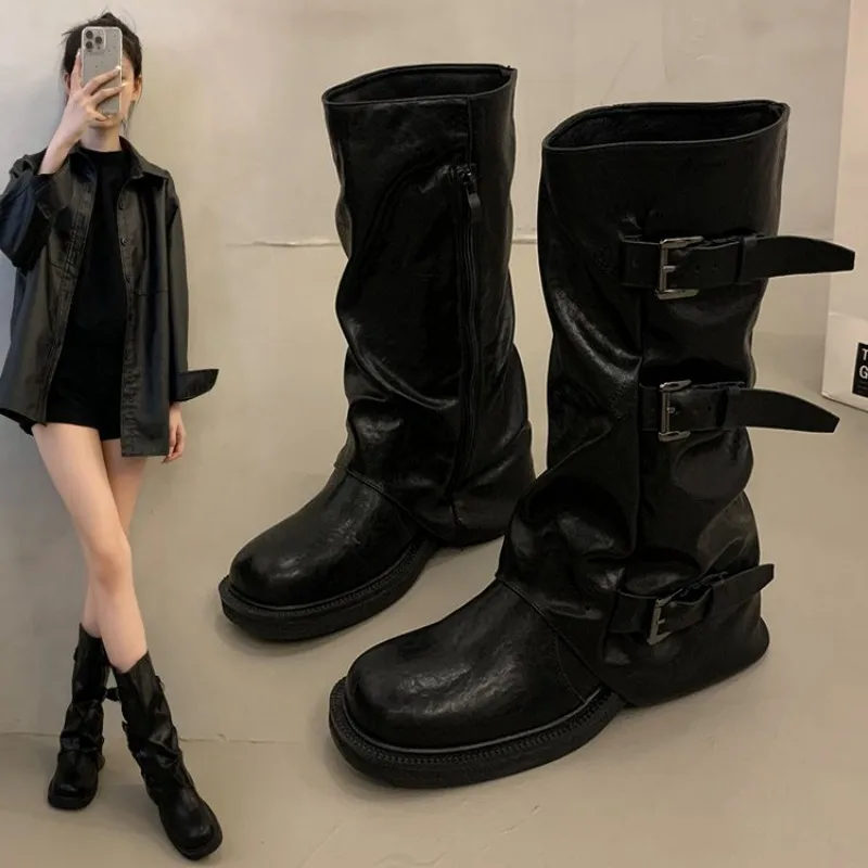 Runde Lederriemen-Schnallenstiefel für Damen - Frühjahr/Herbst neuer Stil, Retro schwarze Denim-Stiefel, Ritterstiefel, schlanke halbhohe Stiefel – Detail 2