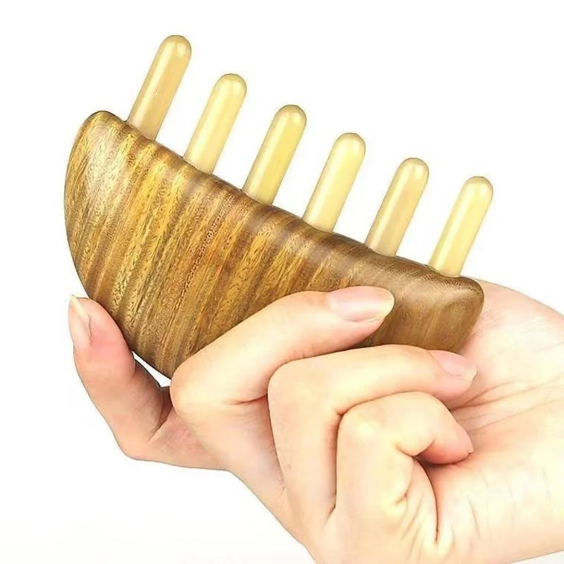 Natural Ox Horn Massage Comb for Head Neck Body Health Care Relax Six Teeth Sandalwood Meridian Hair Comb Anti-Hair Loss