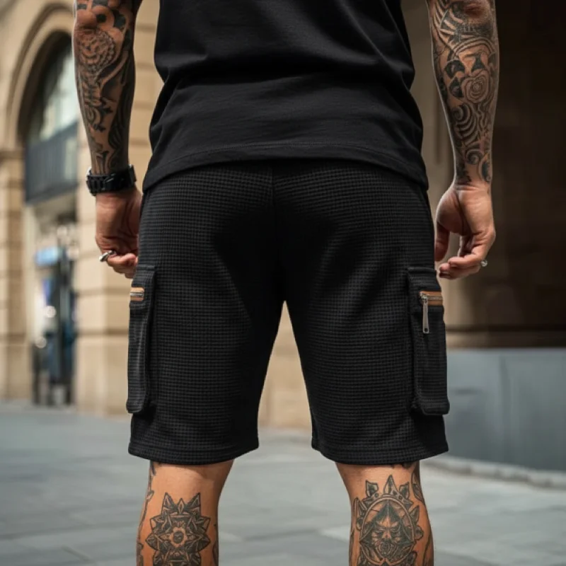 Summer Men Cargo Pants Shorts Waterproof Outdoor Breathable Zipper Pockets Casual Elastic Waist Waffle Fabric Workwear Washed