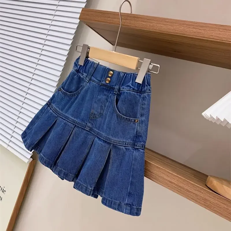 Girls\' Denim Skirt Pants 4-12Y Children\'s Summer Clothing Spring Autumn College Style High Waisted Washed Denim Pleated Skirt