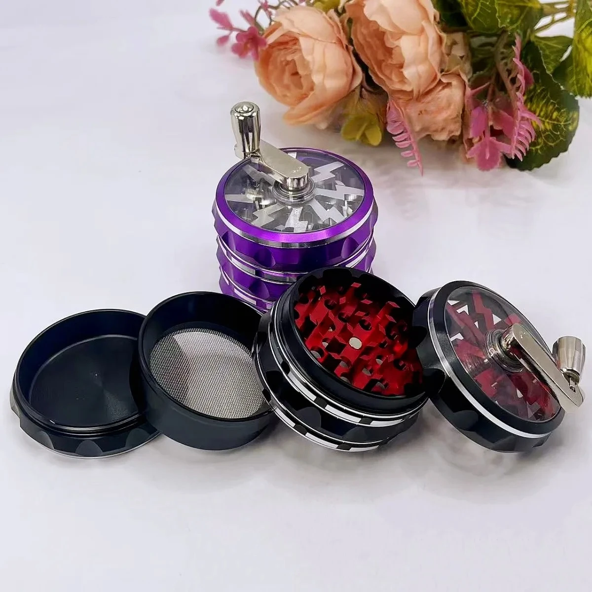 2.5 inch Flash Herb Grinder Handle 4-layer Manual Pepper Spice Mortar Salt Mill Raw Grass Tobacco Grinder Smoking Kitchen Tool