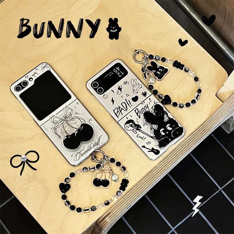 Silver Graffiti Cherry Rabbit Phone Case for Samsung Galaxy ZFlip3 ZFlip4 ZFlip5 ZFlip6 Hard PC Back Cover for ZFlip6 Case Shell