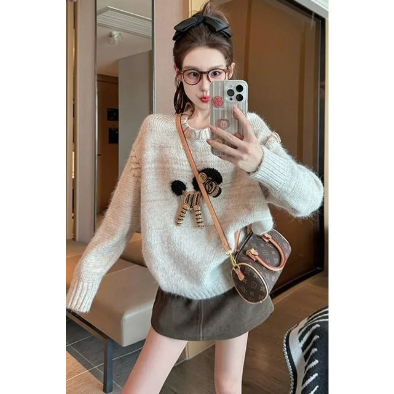 

Модные женские винтажные свитера с мультяшной вышивкой, осенне-зимние повседневные свободные мягкие вязаные пуловеры с круглым вырезом