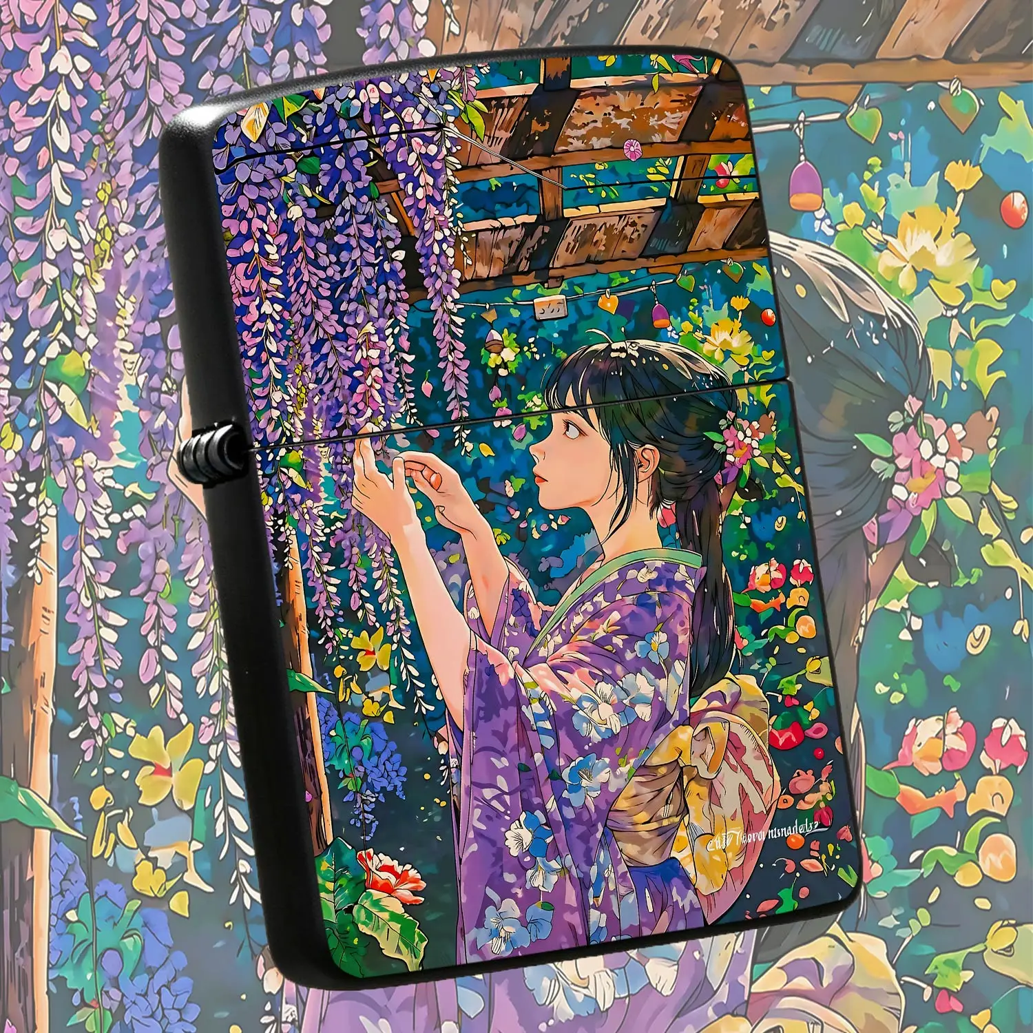 Retro Ukiyo-E Style Lighter, Exquisite Anime Girl Under Wisteria Illustration Pattern, Portable Versatile Lighter For Camping, Home Candle Incense Use, Ideal Decorative Present For Art Lovers On Various Occasions A Humorous And Interesting