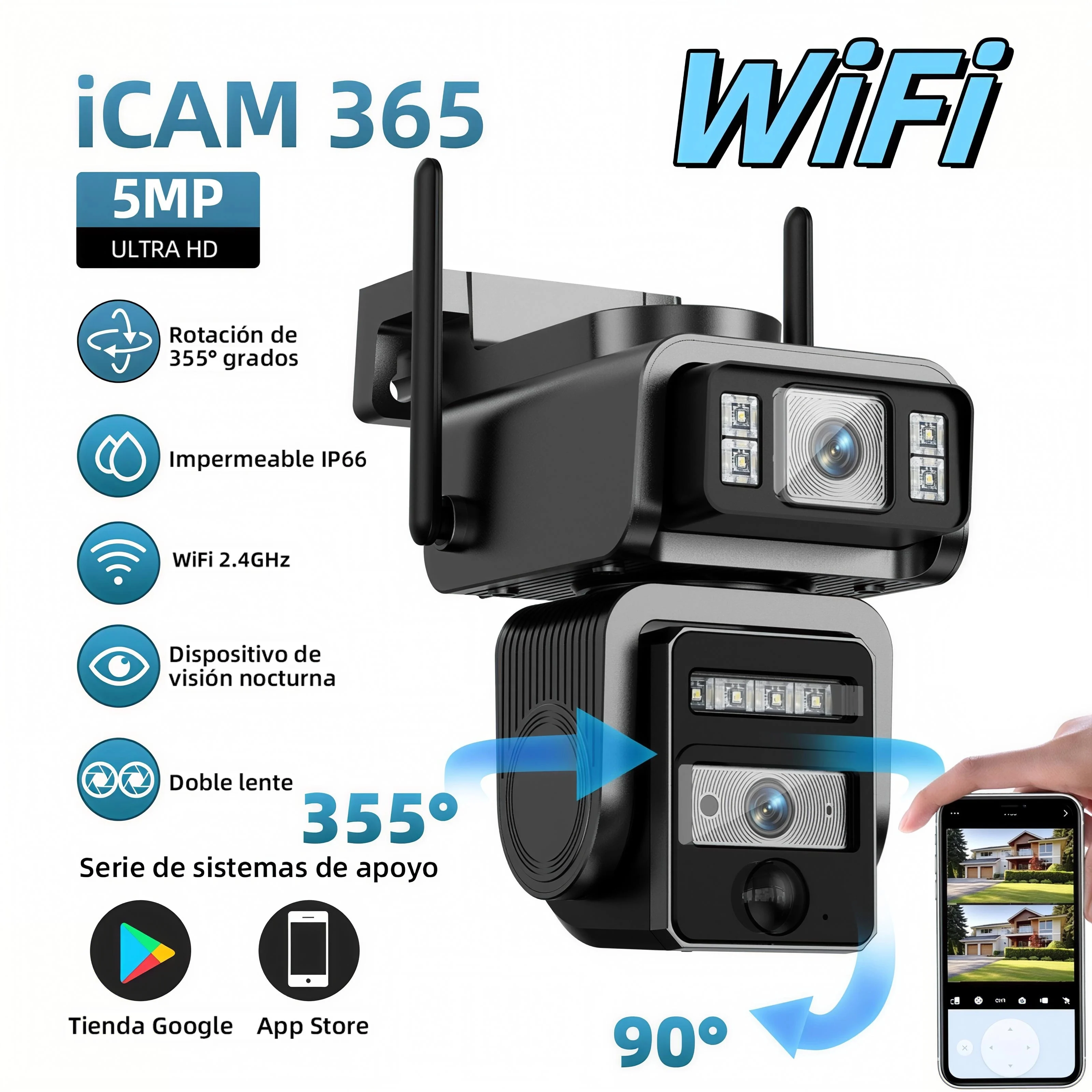 كاميرا مراقبة واي فاي خارجية: تصميم مزدوج العدسة، تعمل بالطاقة الشمسية (مع لوحة وبطارية)، مناسبة للتلفزيون الدائرة المغلقة #1