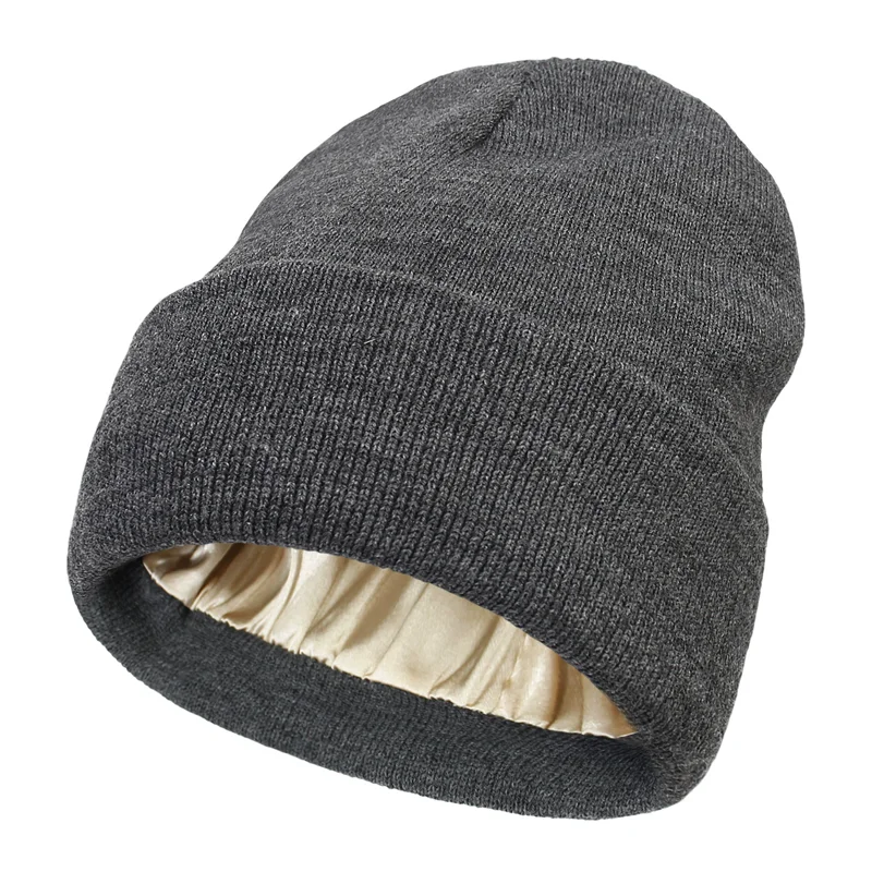 Unisex Solid Beanies Cap Satin Lined Slouchy Warm Cuffed Knitted Hat Winter Windproof Anti-Cold Hats