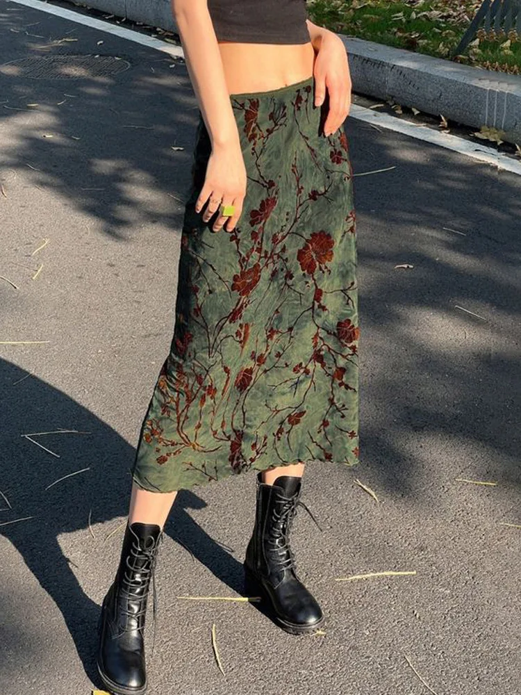 Y2K Vintage Midi-Röcke mit Blumenmuster für Damen, Harajuku Fairycore, grüner gerader Maxirock, ästhetische süße Mädchenkleidung – Detail 3