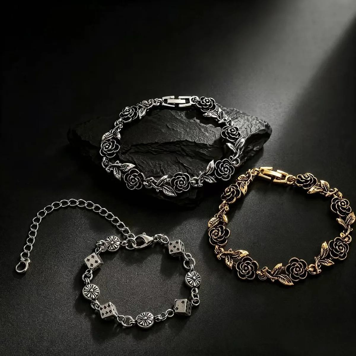 Vintage Rose Bracelet, Niche Design Antique Metal Dice Jewelry, Daily Matching Accessories for Women