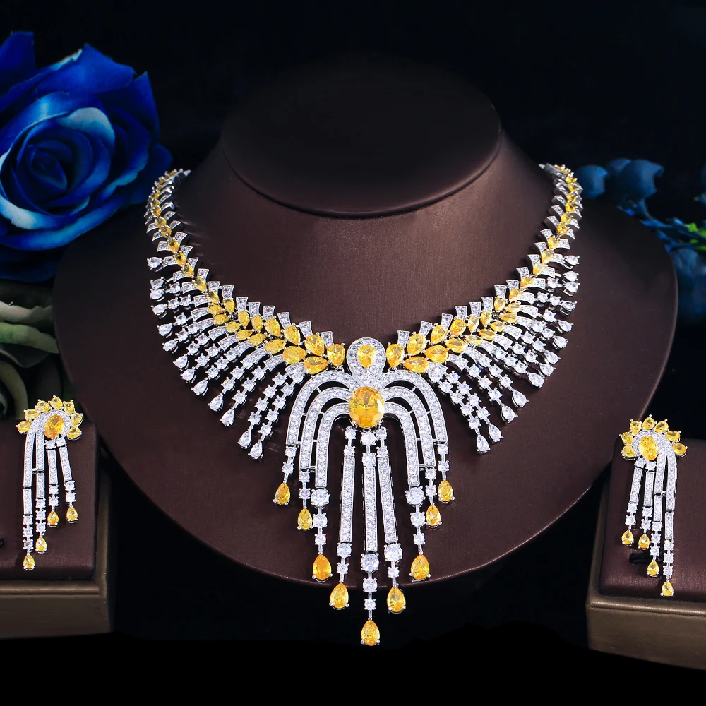 ThreeGraces Luxury Vintage Shiny Yellow Zirconia Long Big Tassel Necklace Earrings Bridal Wedding Jewelry Set for Women TZ994