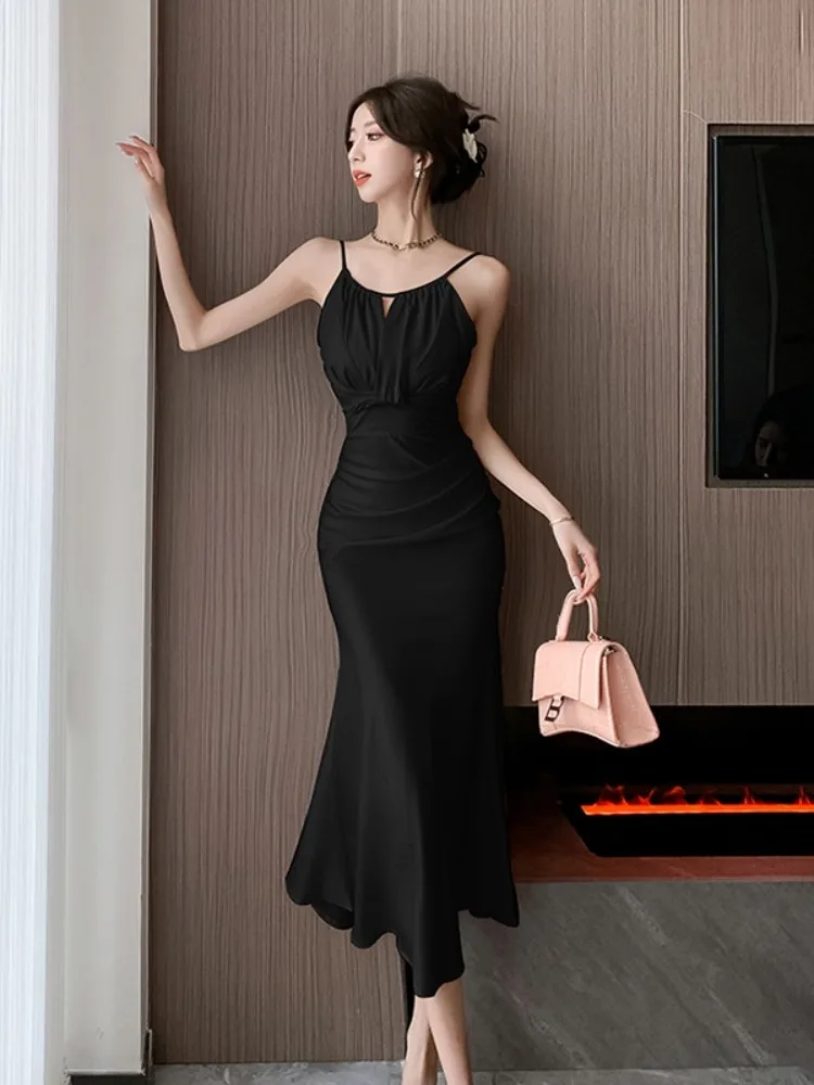우아한 여름 새틴 피쉬테일 드레스 여성 패션 슬림핏 랩 어라운드 하이웨이스트 민소매 라운드넥 롱 드레스