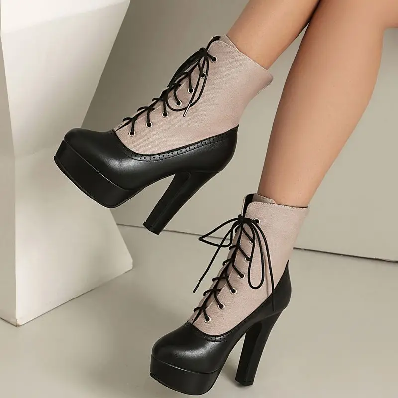 

SIMLOVEYO Классические женские ботинки с круглым носком на блочном каблуке 10,5 см и платформой 3 см на шнуровке, модные, большой размер 43, разные цвета (зеленый)