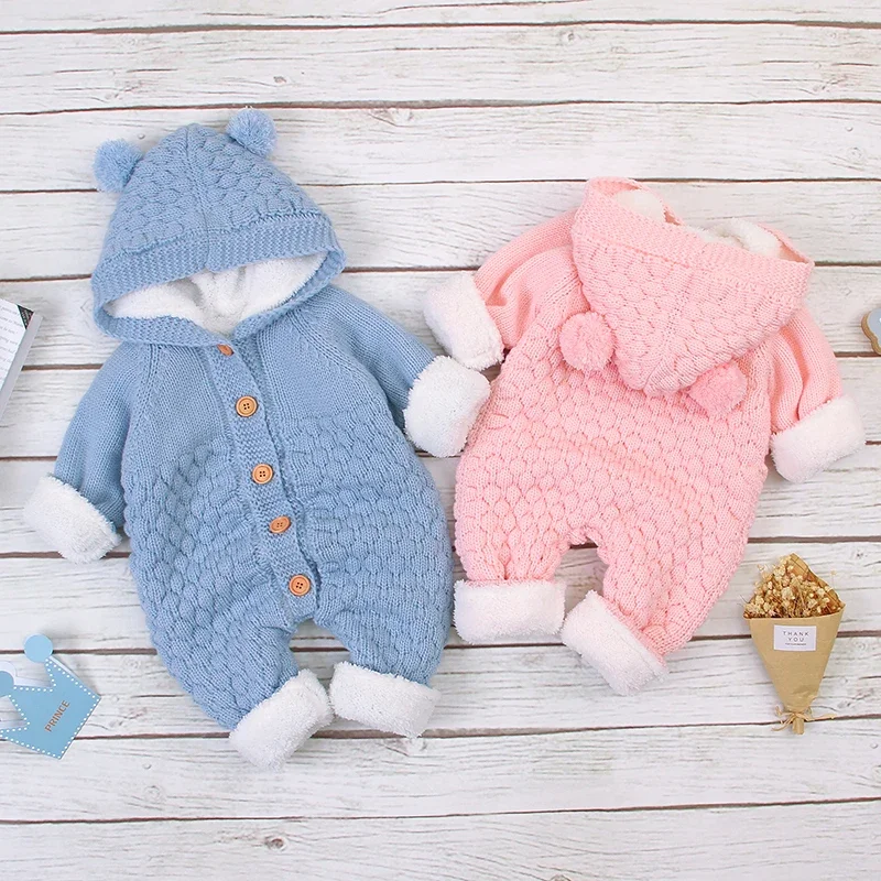 Baby Romper Long Sleeve Winter Warm Knit Newborn Infant Fleece Jumpsuit Toddler Boy Girl Clothes Outfit Fashion Hooded Cute Ears