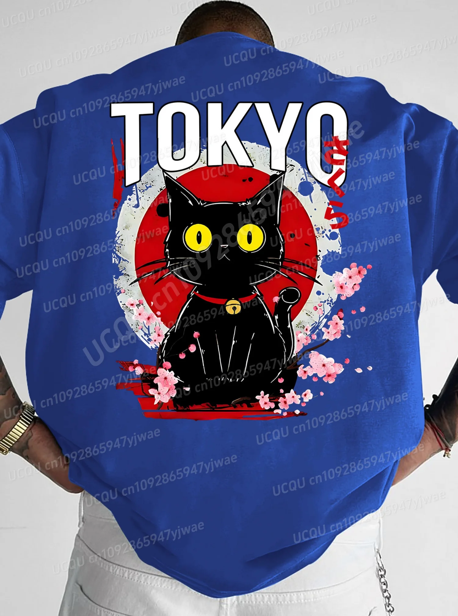 

2025 Summer Men Sports Loose Comfortable Men's T-Shirt Stripe TOKYO Black Cat Print Short-Sleeved Top Daily Street Men T-Shirt