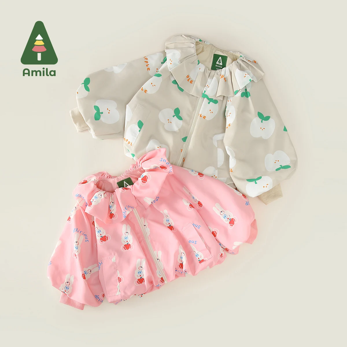 Amila 2024 Spring New Girls Lapel Loose Coat Lotus Collar With Lantern Sleeve Sweet Cute Printed Cotton  Baby Clothing