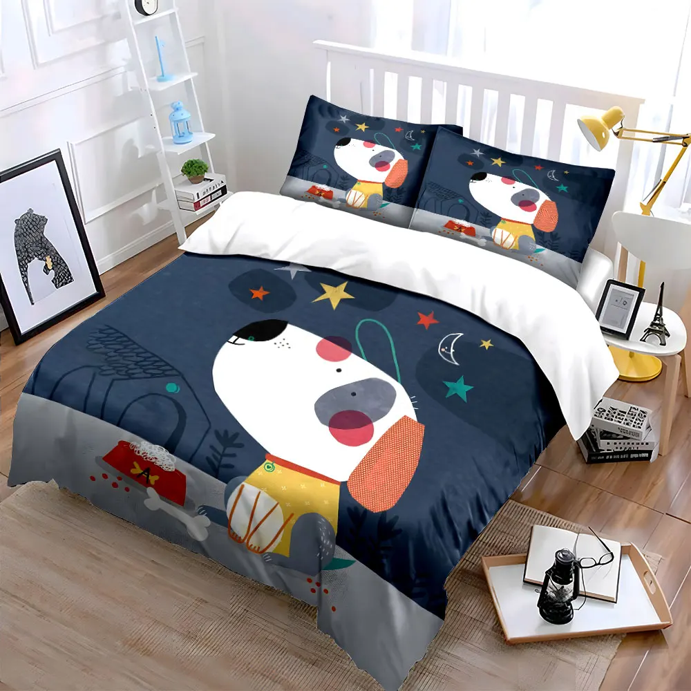Dog dining scene at night cartoon Print Bedding Set 1 Duvet Cover 2 Pillowcases for Adult and Children Luxury Gift Full Size