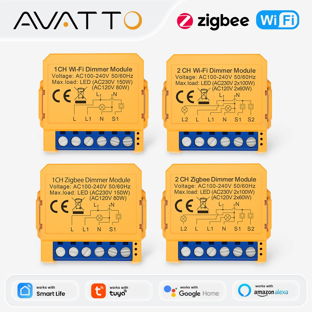 

AVATTO Tuya WiFi/ZigBee Dimmer Switch Module Smart Home DIY Breaker 1/2 Gang Supports 2 Way Control Works With Alexa Google Home