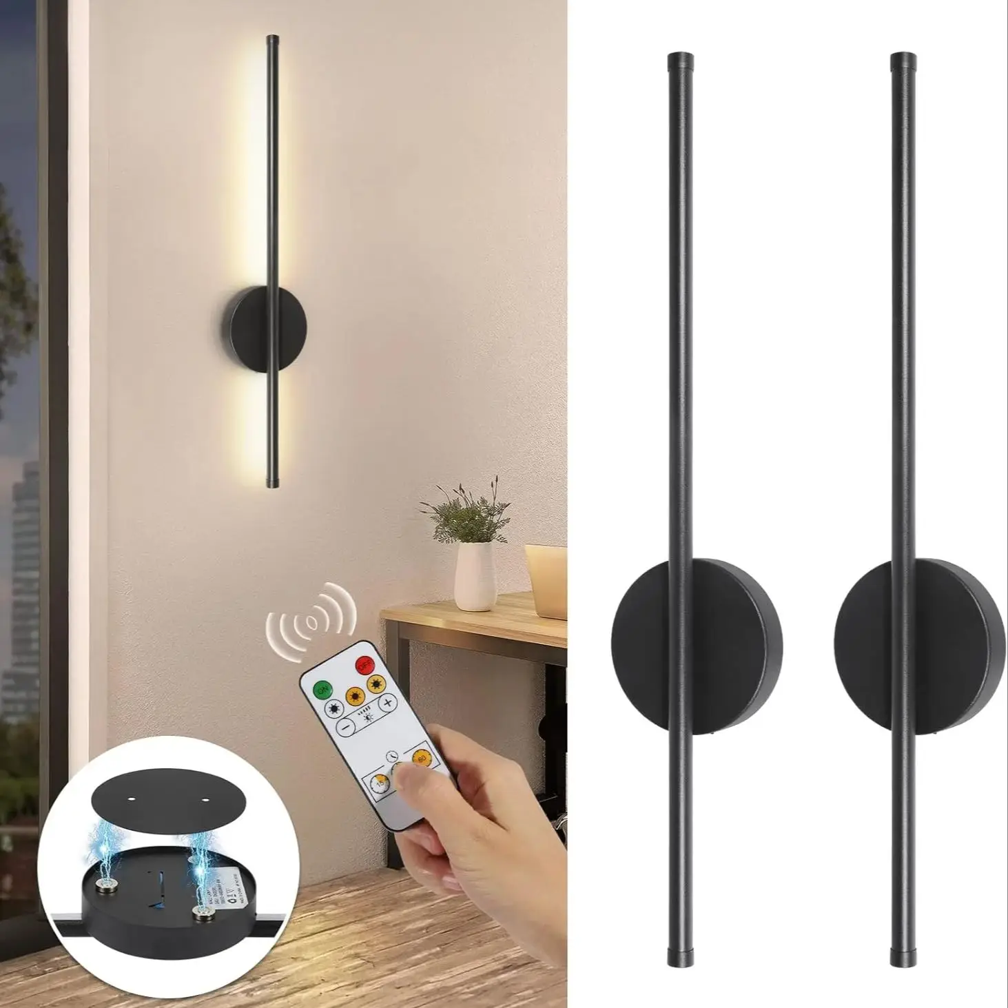 2 stuks op batterijen werkende wandkandelaars draadloze oplaadbare lamp zwart met afstandsbediening dimbare draadloze wandlamp decorkamer - afbeelding 2