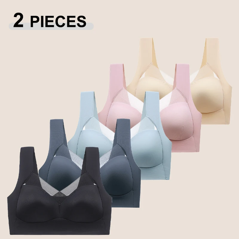 2PCS Women Lace Sport Bras Plus Size Seamless Bra Bralette Backless Lady Brassiere Vest Female Gather Shock-Proof Wireless L-3XL