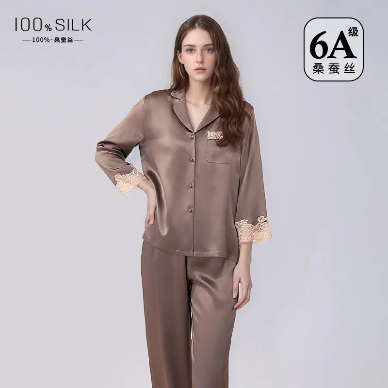 

Высококачественный женский осенне-зимний шелковый пижамный комплект из 2 предметов, 100% тутового шелка, кружево в стиле пэчворк, длинные рукава и брюки, одежда для дома