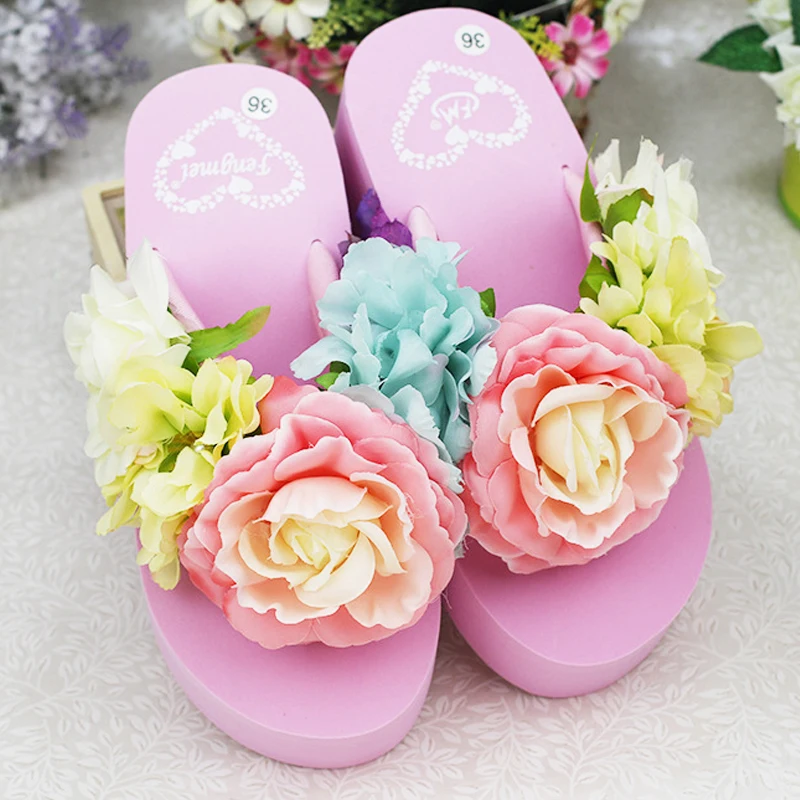 Handmade Slippers For Women Summer Flip Flop Flowers Decoration Female Indoor 6cm High Heel Bohemia Beach Sandal Slippers