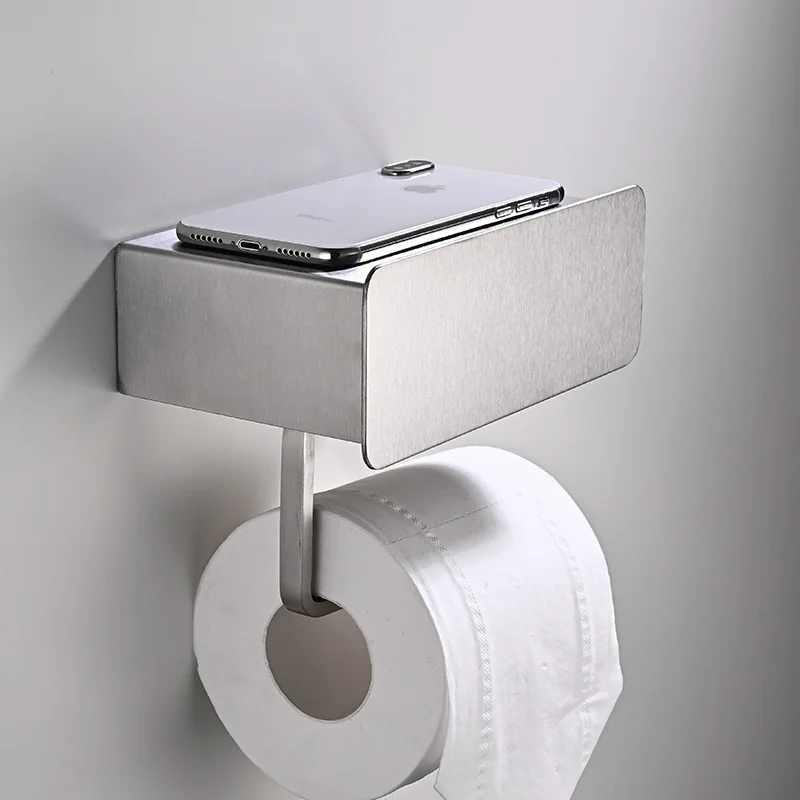 Wall Mounted Toilet Paper Holder Phone Shelf Stainless Steel Drawer Style Tissue Box Roll Flat Drill Or Adhesive Mount