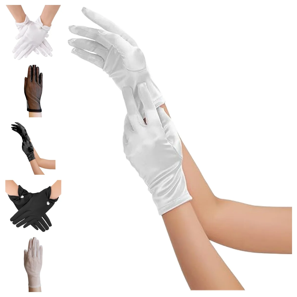 Womens Wedding Gloves Short Opera Style with Pearl Wrist Feature for Bridal Formal Dress and Special Occasion Use view 5